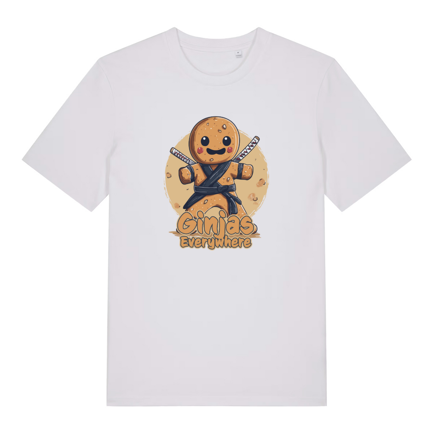 white funny graphic t-shirt with a gingerbread man ninja and the slogan 'ginjas everywhere'