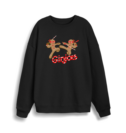black christmas sweater with the graphic of two gingerbread men fighting with candy canes and the slogan 'ginjas'