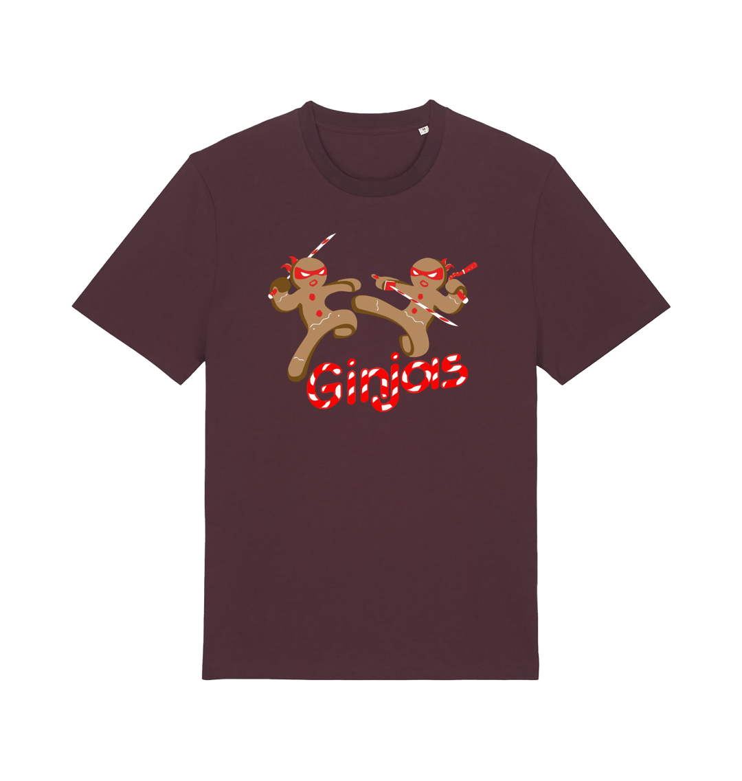 red brown christmas t-shirt with the graphic of two gingerbread men fighting with candy canes and the slogan 'ginjas'