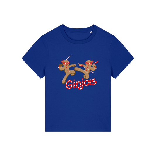 blue funny graphic t-shirt with the graphic of two gingerbread men fighting with candy canes and the slogan 'ginjas'