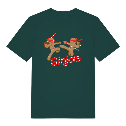 teal women's funny christmas t-shirt with the graphic of two gingerbread men fighting with candy canes and the text 'ginjas'