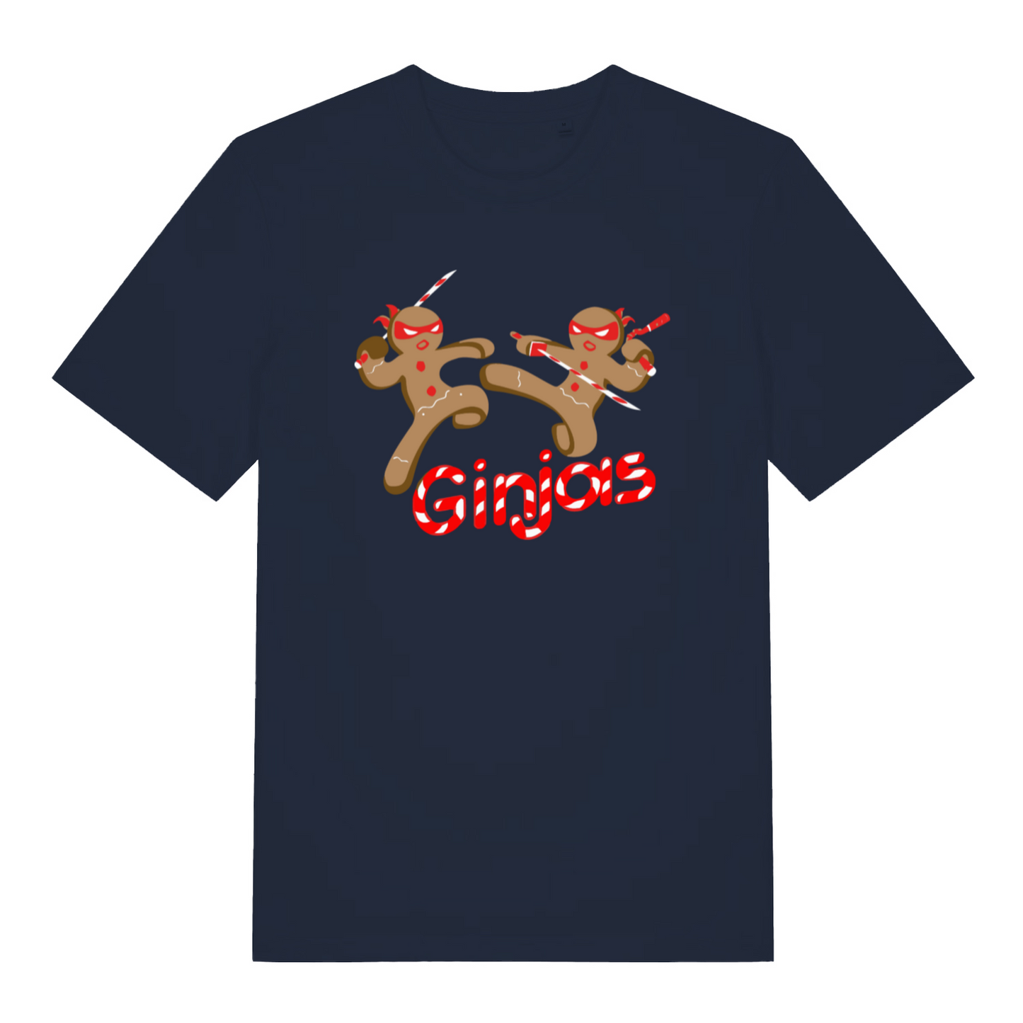 navy women's funny christmas t-shirt with the graphic of two gingerbread men fighting with candy canes and the text 'ginjas'