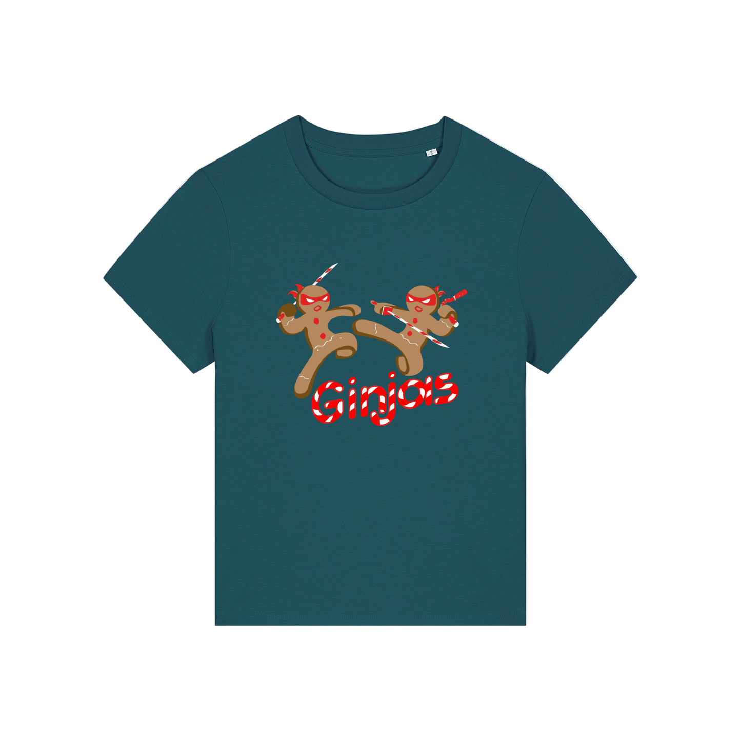 teal funny graphic t-shirt with the graphic of two gingerbread men fighting with candy canes and the slogan 'ginjas'