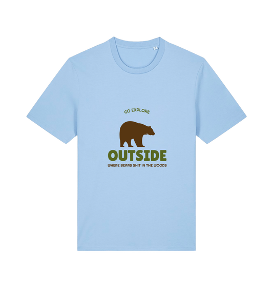 light blue funny t-shirt with the graphic of a bear on and the slogan 'go explore outside where bears shit in the woods'