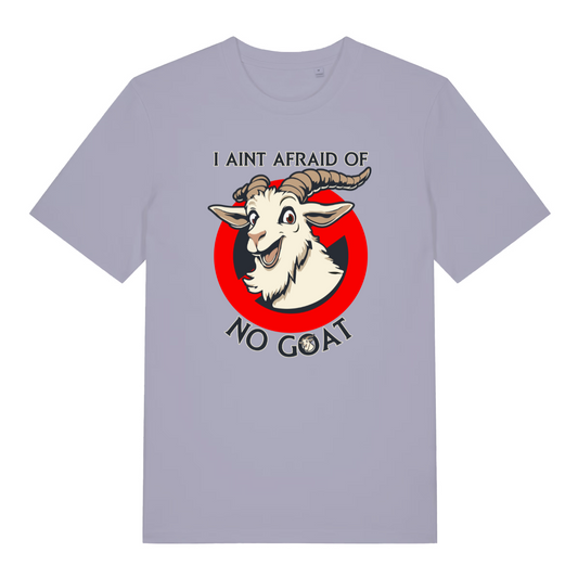 lavender movie t-shirt with the graphic of a goat and the slogan 'i aint afraid of no goat'