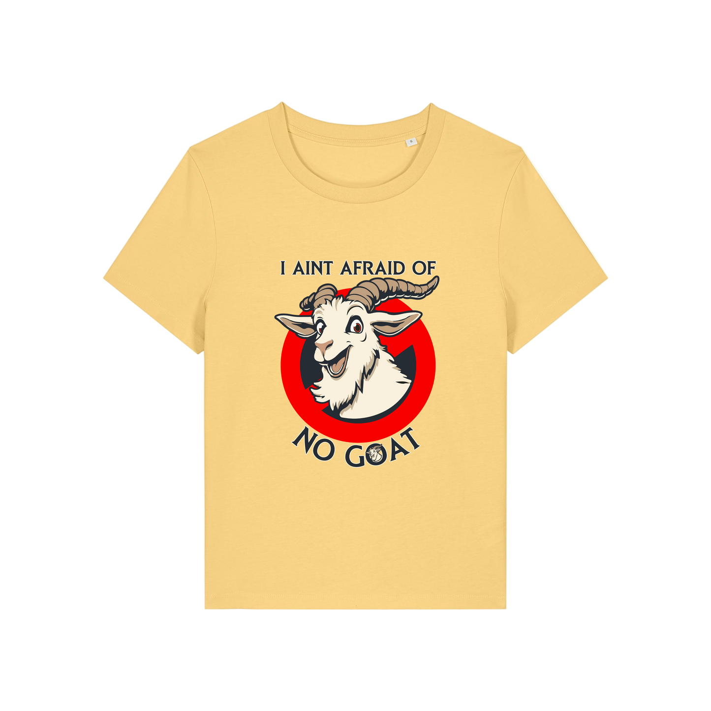 yellow movie t-shirt with the graphic of a goat and the slogan 'i ain't afraid of no goat'