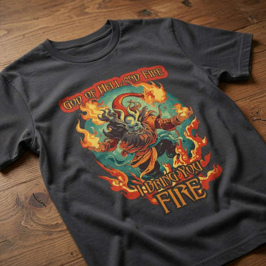 Black God of Hell and Fire t-shirt on wood featuring fiery demon graphic, mens witty music inspired