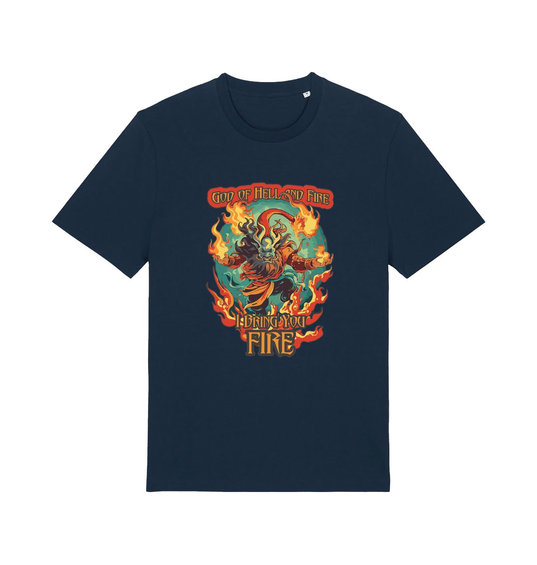 navy music t-shirt with the graphic of the devil and the slogan 'god of hell fire i bring you fire'