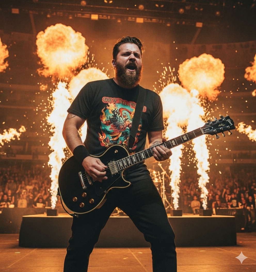 Man playing guitar on stage with fireworks in the background