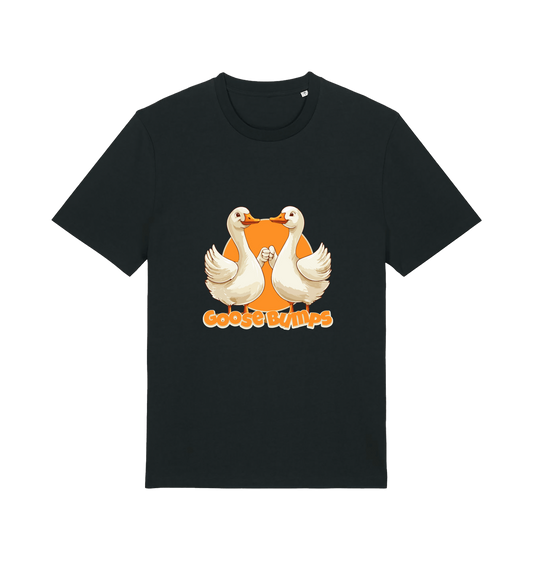 black funny animal t-shirt with the graphic of two geese fist bumping and the slogan 'goosebumps'