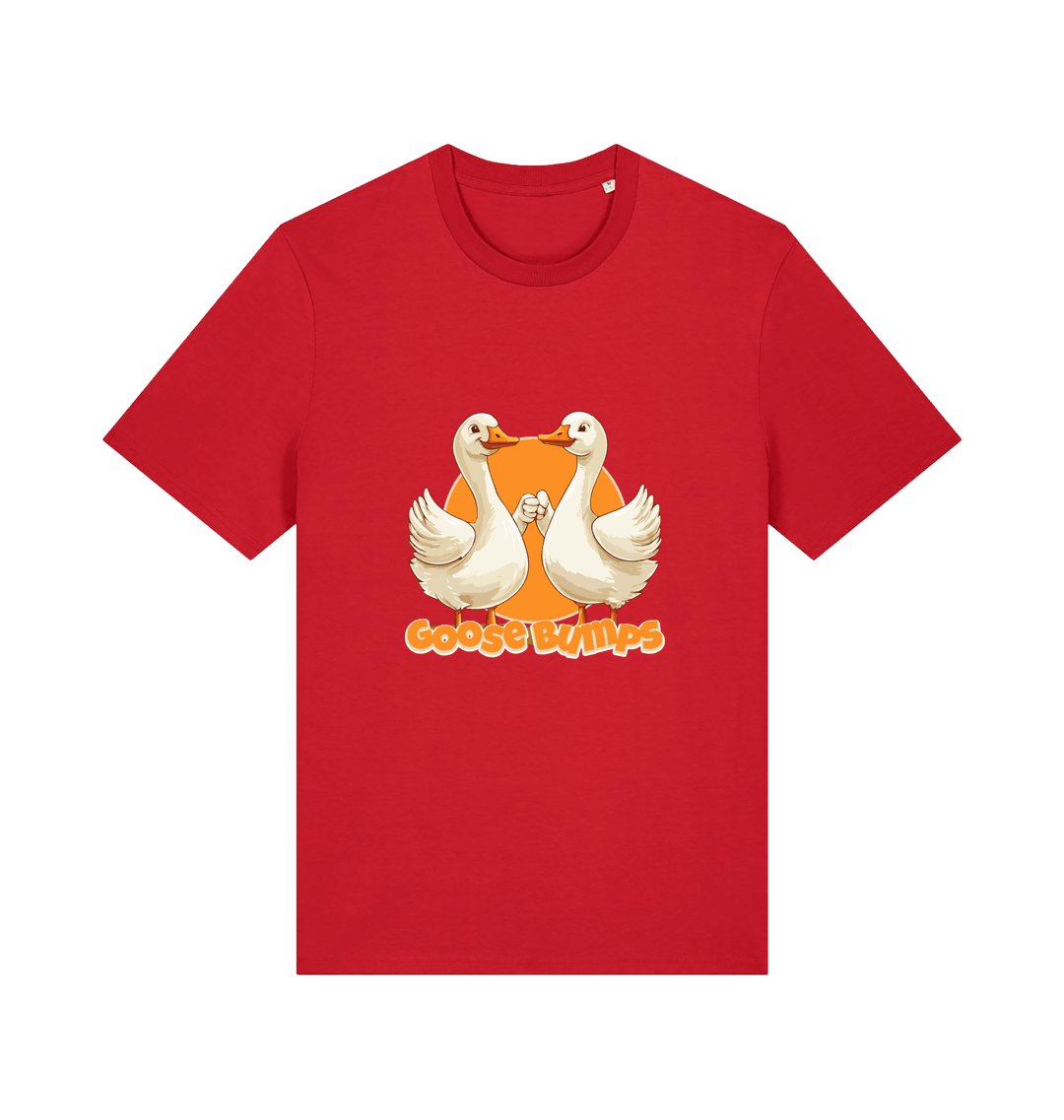 red funny animal t-shirt with the graphic of two geese fist bumping and the slogan 'goosebumps'