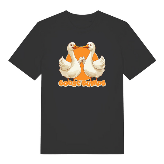 black women's funny animal t-shirt with the graphic of two geese fist bumping and the slogan 'goosebumps'