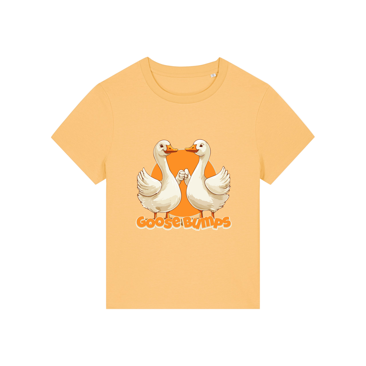 yellow funny animal t-shirt with the graphic of some geese fist bumping and the slogan 'goosebumps'