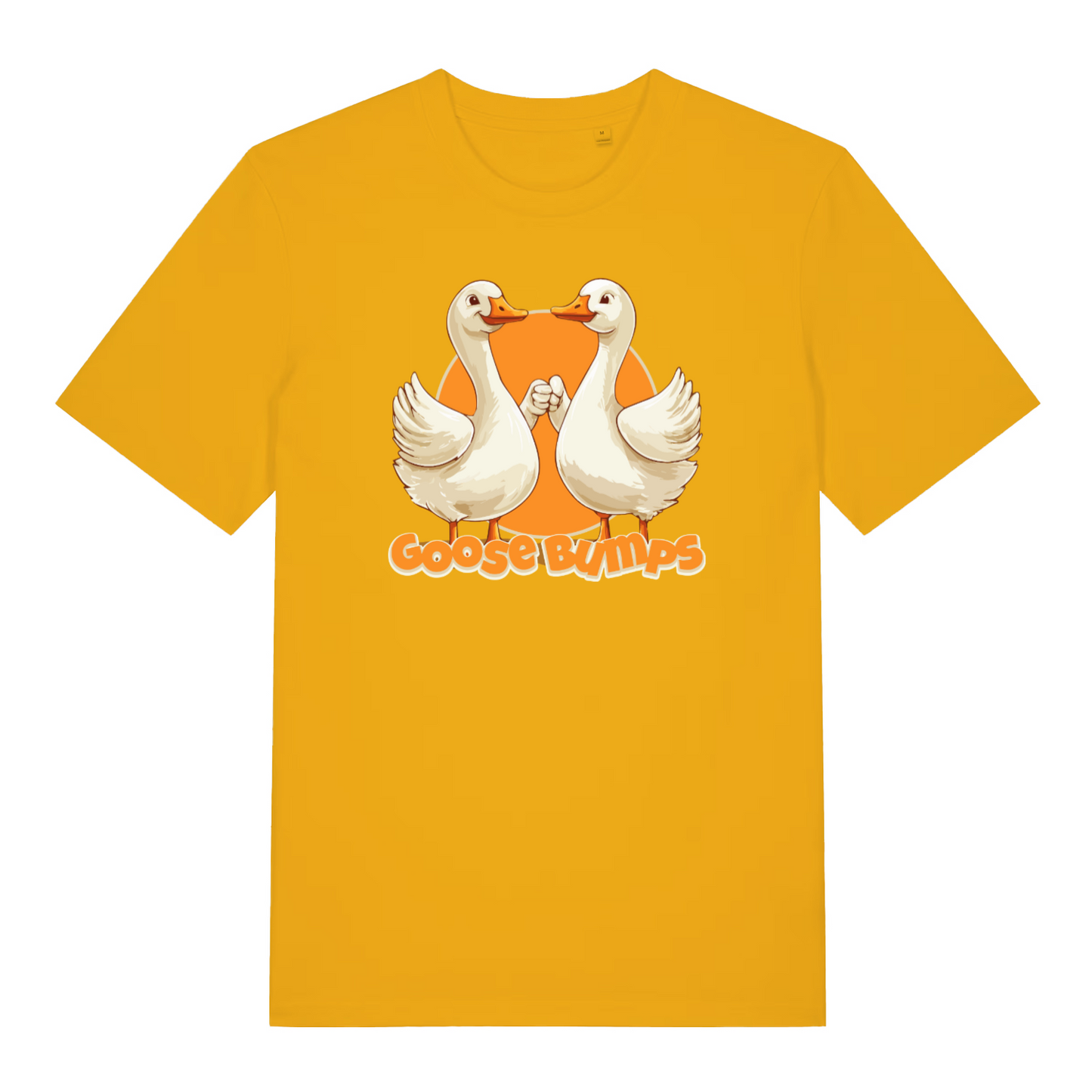 yellow women's funny animal t-shirt with the graphic of two geese fist bumping and the slogan 'goosebumps'