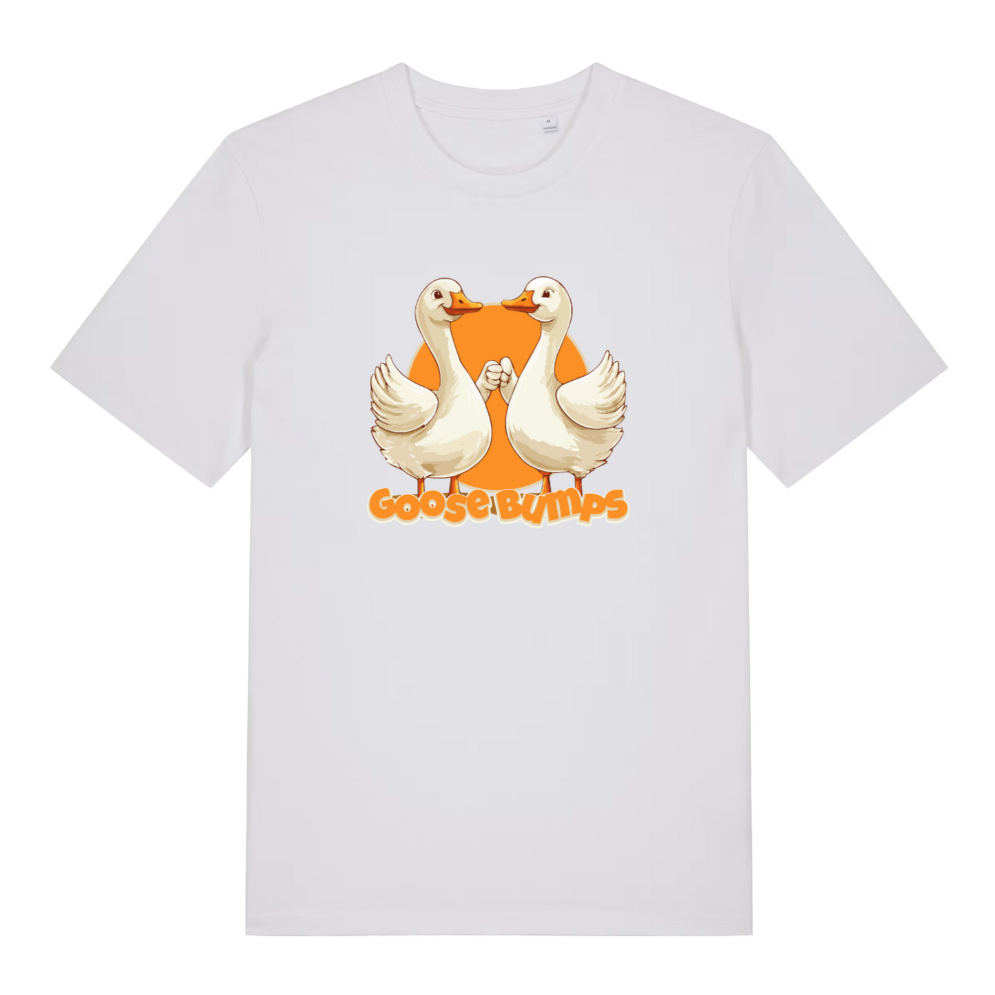 white funny animal t-shirt with the graphic of two geese fist bumping and the slogan 'goosebumps'