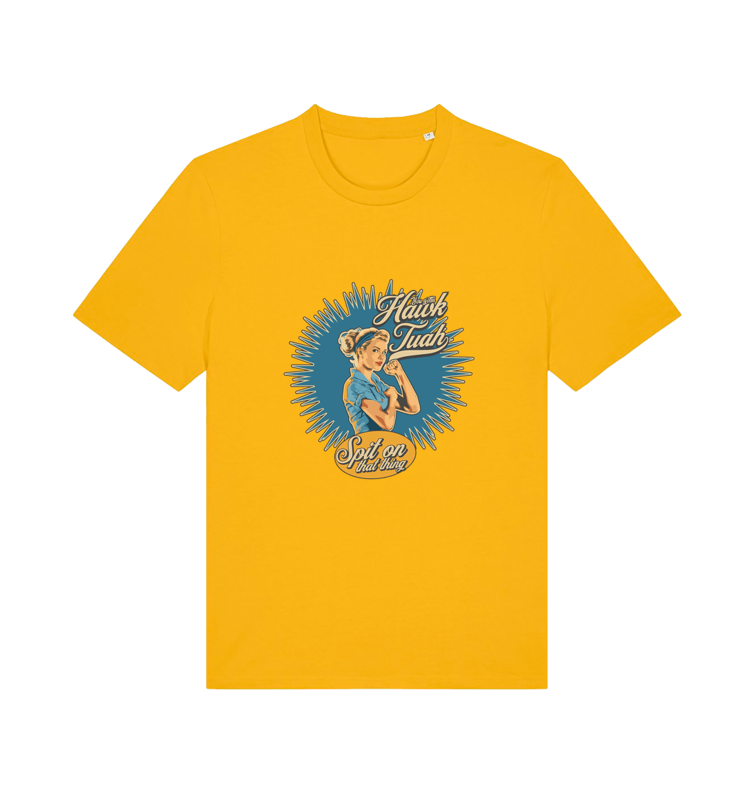 yellow funny rude t-shirt with the graphic of a retro housewife and the slogan 'hawk tuah spit on that thing'