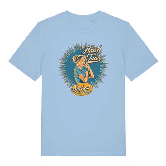 light blue funny rude t-shirt with the graphic of a retro housewife and the slogan 'gotta hawk tuah spit on that thing'