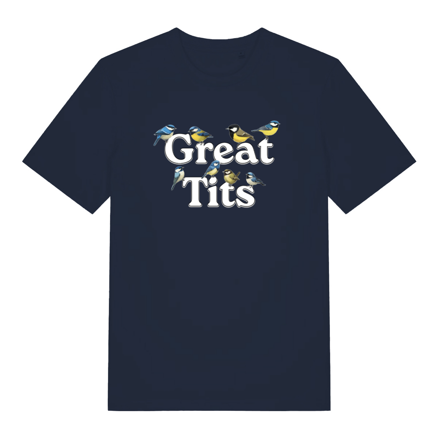 navy funny rude t-shirt with the graphic of some birds surrounding the words great tits