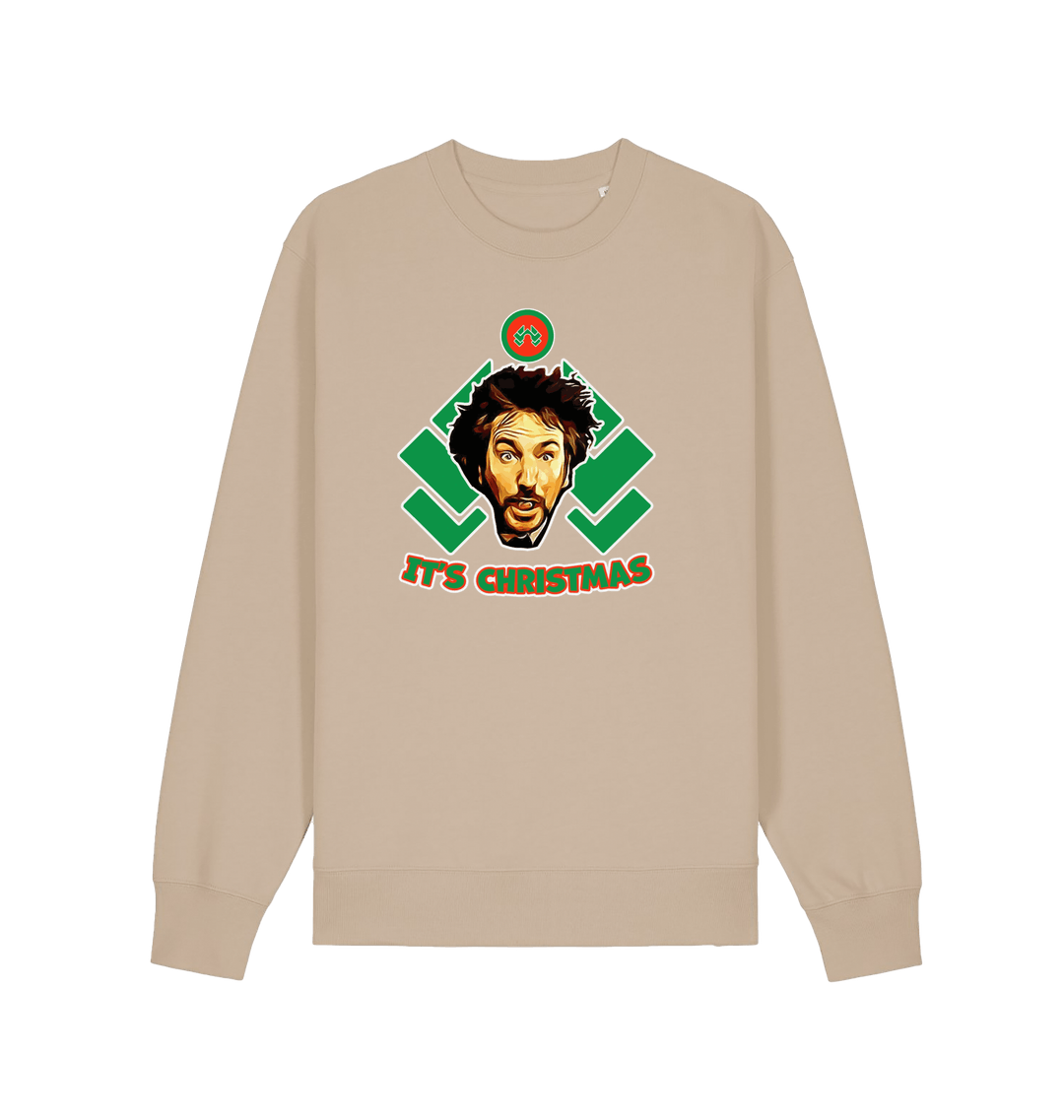 sand christmas sweater with a graphic of die hards gruber and the slogan 'it's christmas'