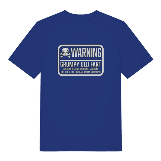blue funny slogan t-shirt with the text 'warning grumpy old fart'