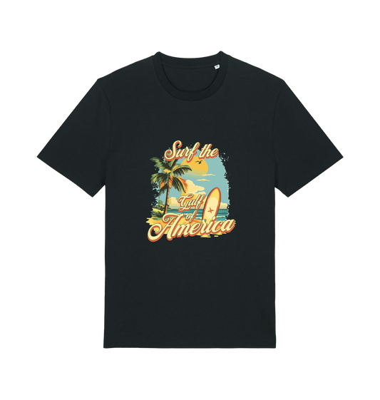 black funny t-shirt with the graphic of a surf board on a beach and the slogan 'surf the gulf of america'