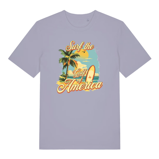 lavender women's funny graphic t-shirt with a surf board and beach design and the slogan 'surf the gulf of america'