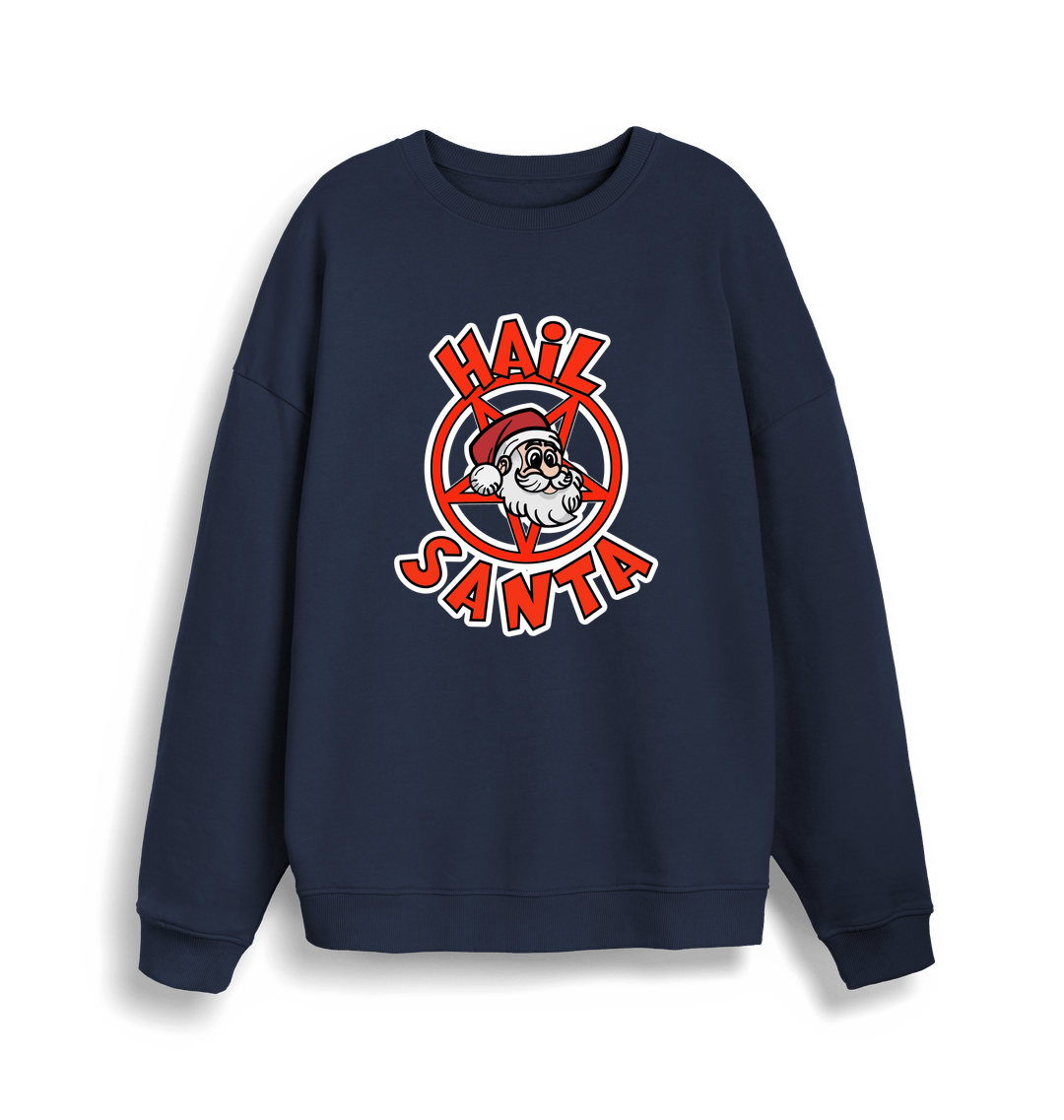navy christmas sweater with the graphic of santa inside a pentagram and the slogan 'hail santa'