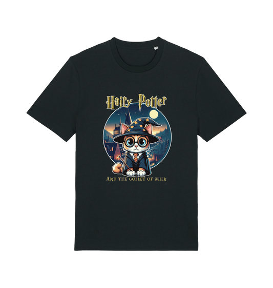 black geek t-shirt with the graphic of a cat dressed as a wizard and the slogan 'hairy potter and the goblet ofmilk'