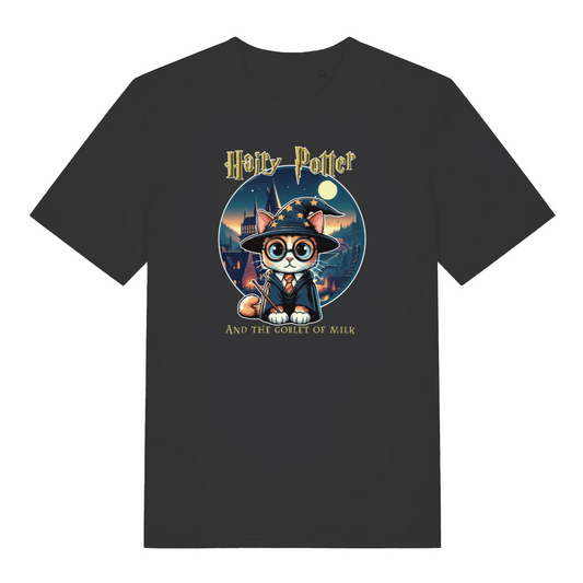 black geek t-shirt with the graphic of a car dressed as a wizard and the slogan 'hairy potter and the goblet of milk'