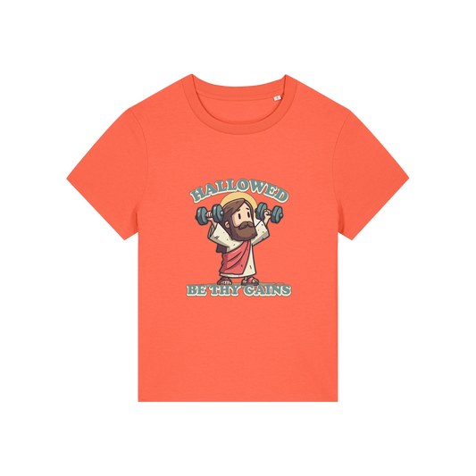 orange funny jesus t-shirt with the graphic of jesus lifting weights and the slogan 'hallowed be thy gains'