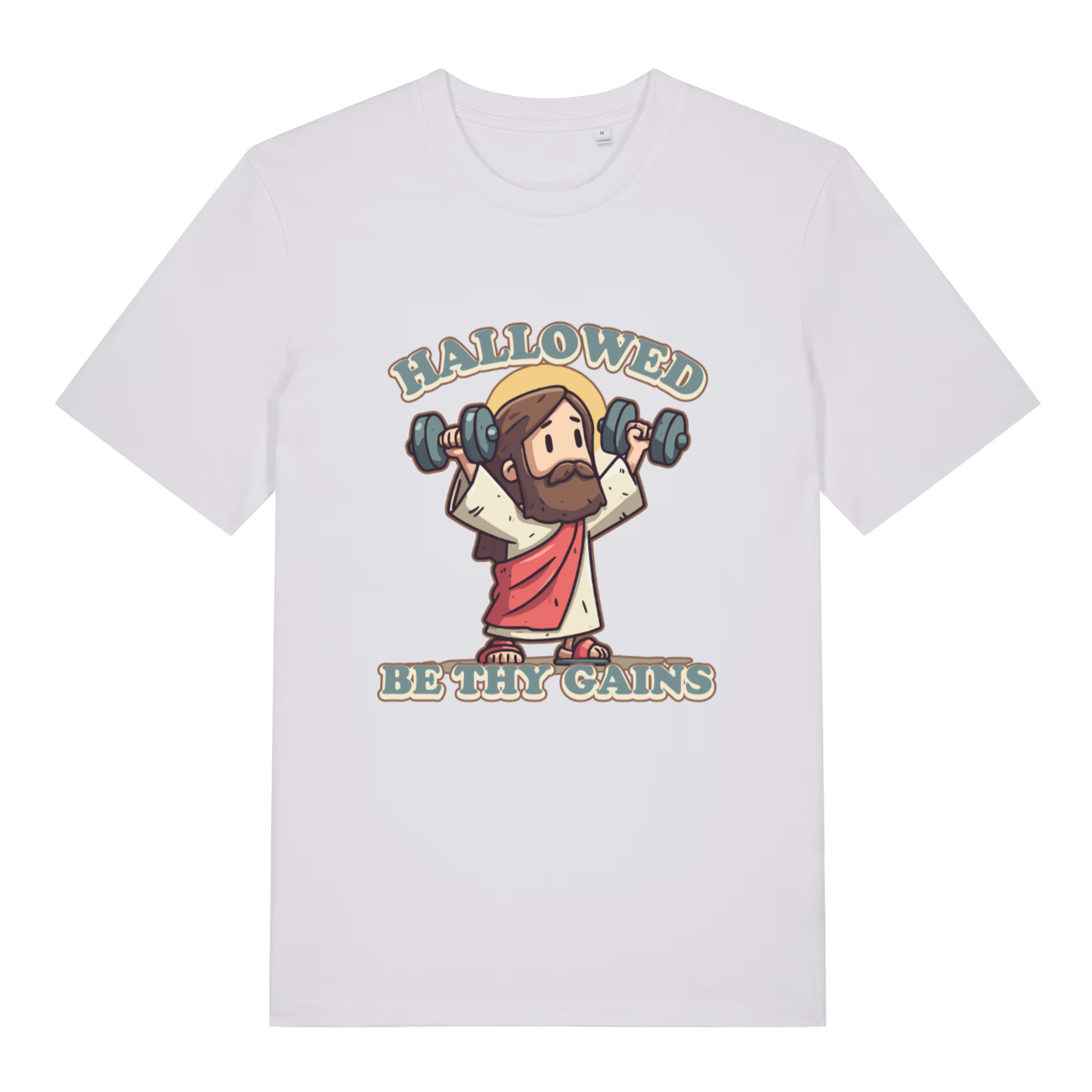 White women's Hallowed Be Thy Gains T-shirt flat lay with funny "hallowed be thy gains" Jesus graphic
