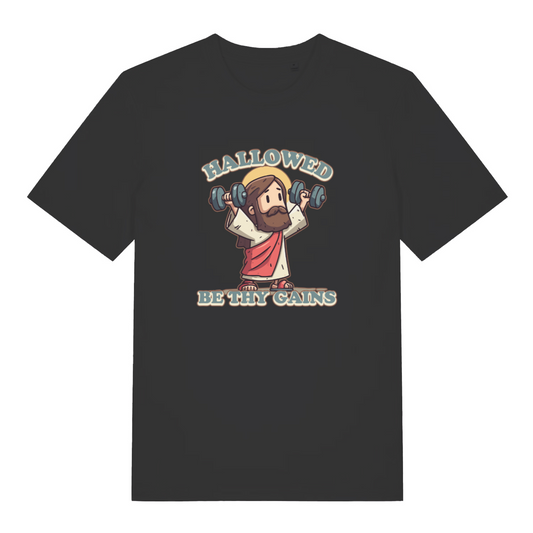 black funny jesus t-shirt with the graphic of jesus lifting weights and the slogan 'hallowed be thy gains'