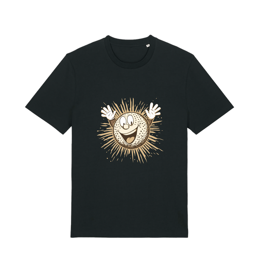black graphic t-shirt featuring a cartoon golf ball with a smiley face