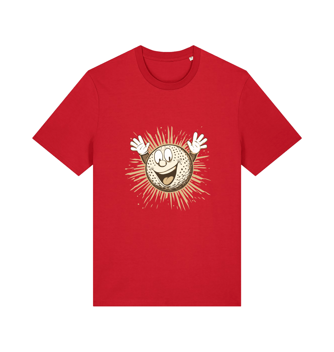 red graphic t-shirt featuring a cartoon golf ball with a smiley face