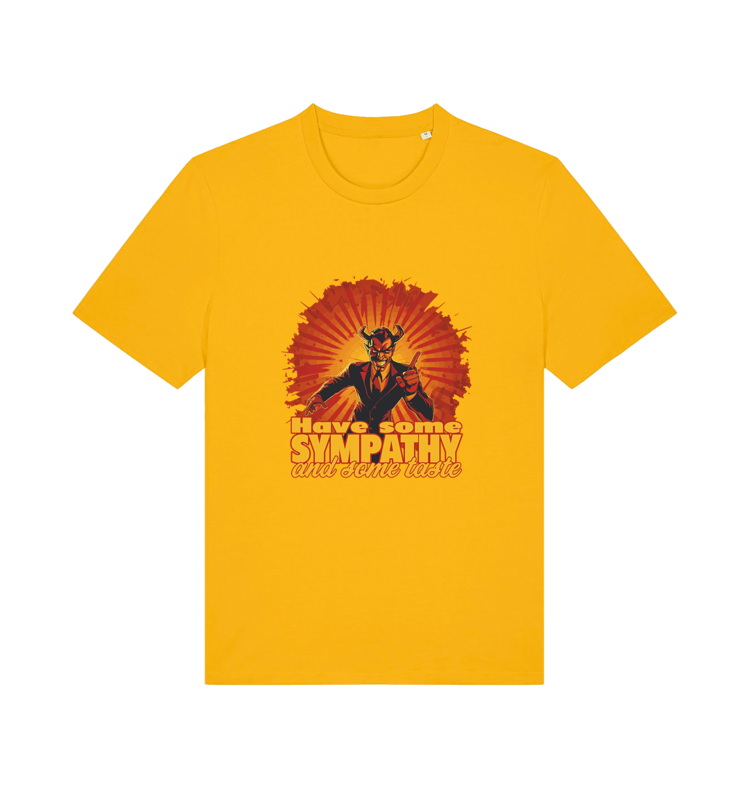 yellow music t-shirt with the graphic of a devil and the slogan 'have some sympathy and some taste'
