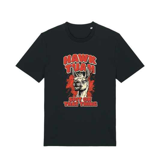 black funny offensive t-shirt with the graphic of a llama and the slogan 'hawk tuah spit on that thing'