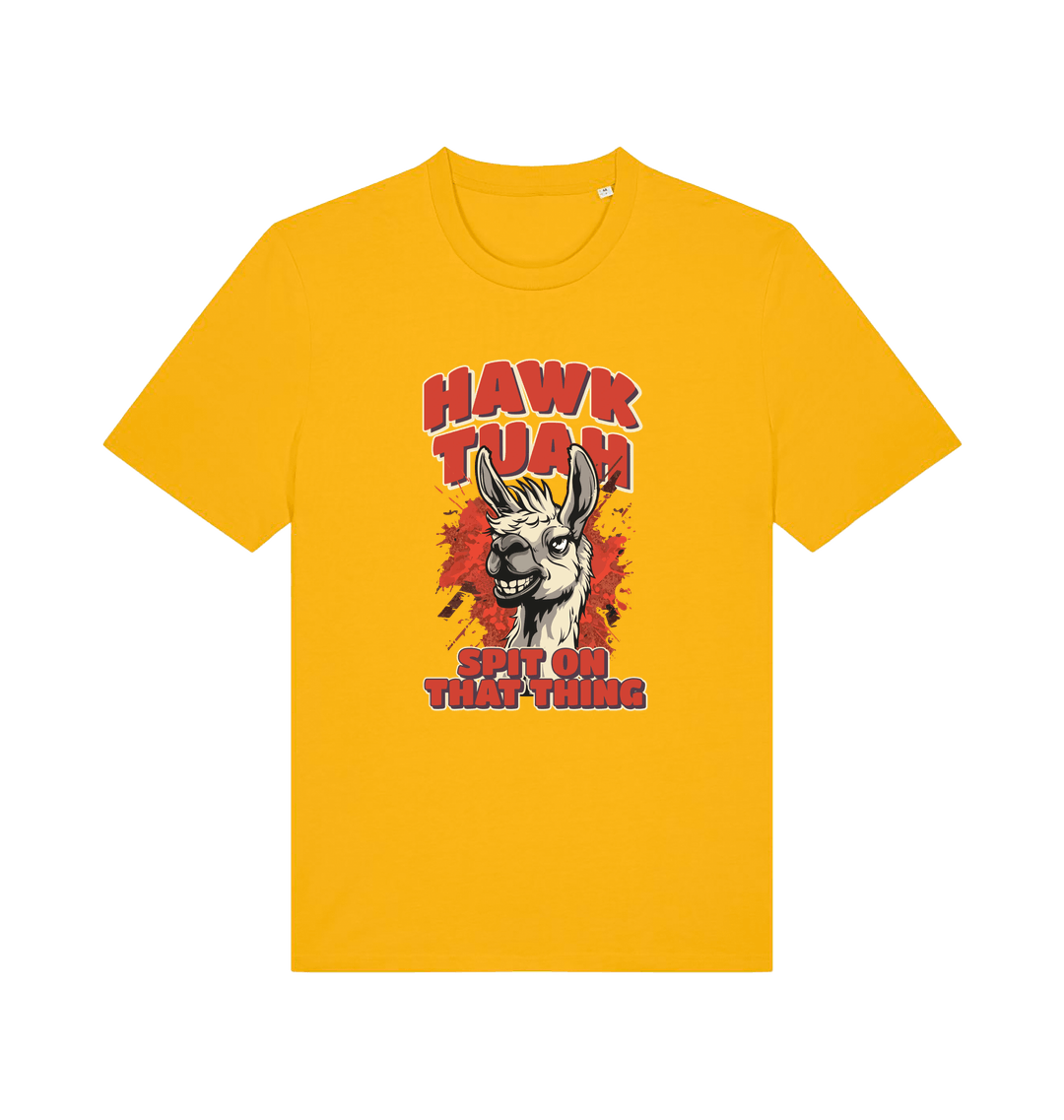 yellow funny offensive t-shirt with the graphic of a llama and the slogan 'hawk tuah spit on that thing'