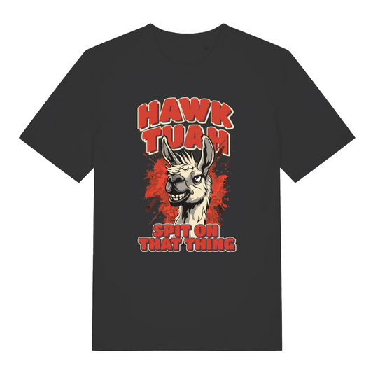 black women's funny offensive t-shirt with the graphic of a llama and the slogan 'hawk tuah spit on that thing'