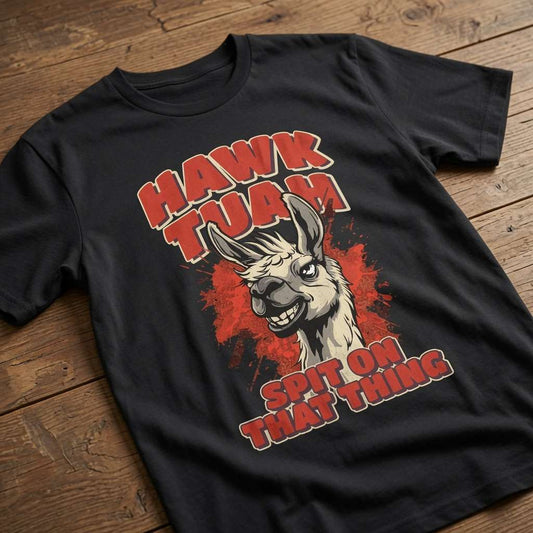 Black Hawk Tuah Spit on That Thing t-shirt on wood with llama design, funny ladies viral meme animal