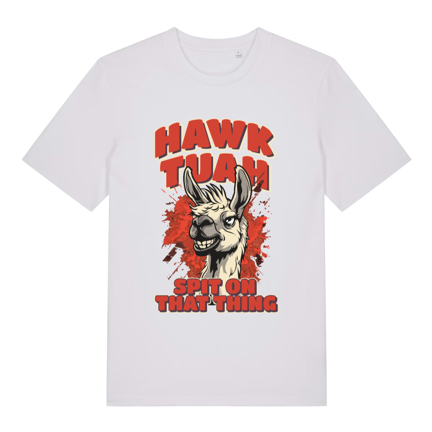 White women's Hawk Tuah Spit T-shirt flat lay featuring grinning llama "spit on that thing" illustration