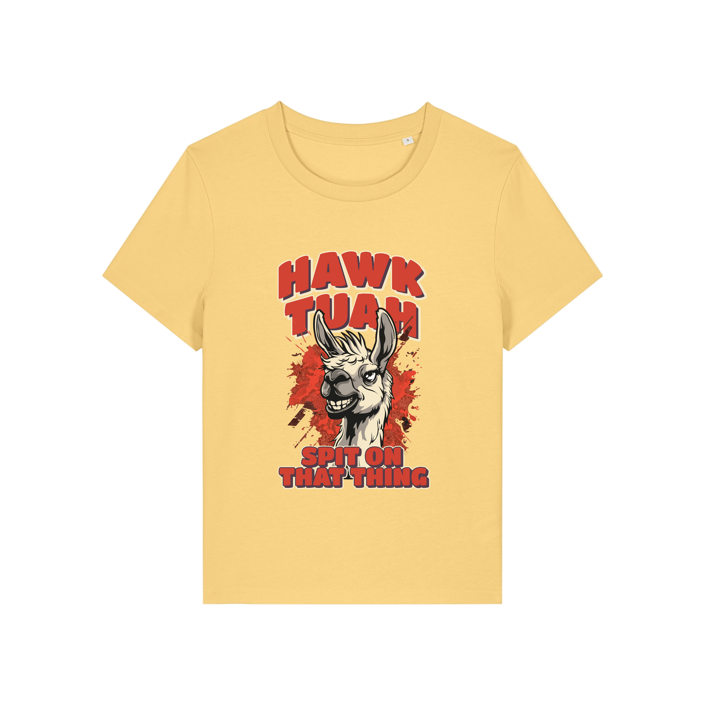 yellow funny graphic t-shirt with a llama and the slogan 'hawk tuah spit on that thing'