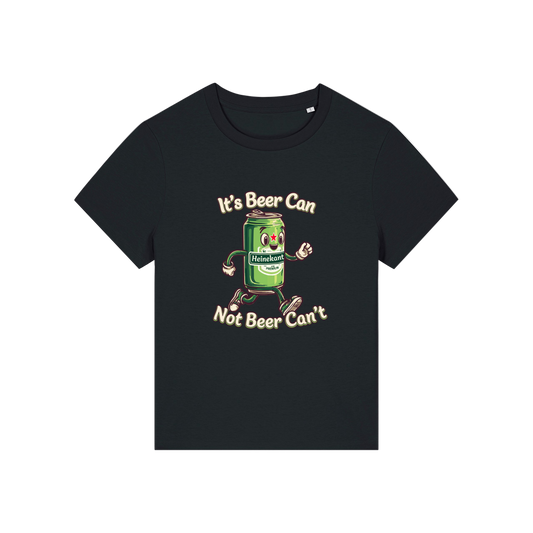 black funny graphic t-shirt with a cartoon beer can and the slogan 'it's beer can not beer can't'