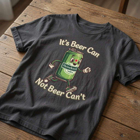 Black It’s Beer Can Not Beer Can’t t-shirt on wood with beer can graphic, ladies funny witty beer banter