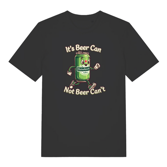 Black t-shirt with a cartoon Heineken can graphic and the slogan 'its beer can not beer can't'