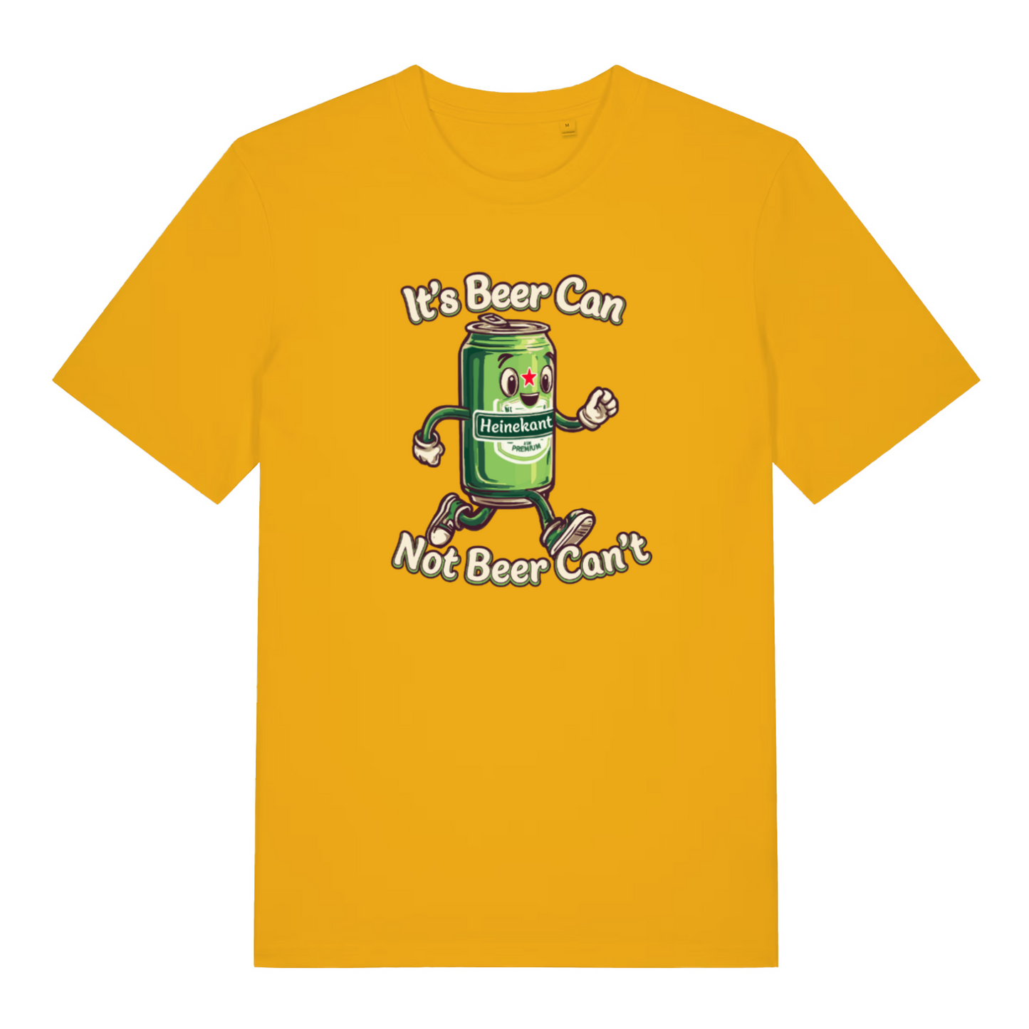 yellow t-shirt with a cartoon Heineken can graphic and the slogan 'its beer can not beer can't'