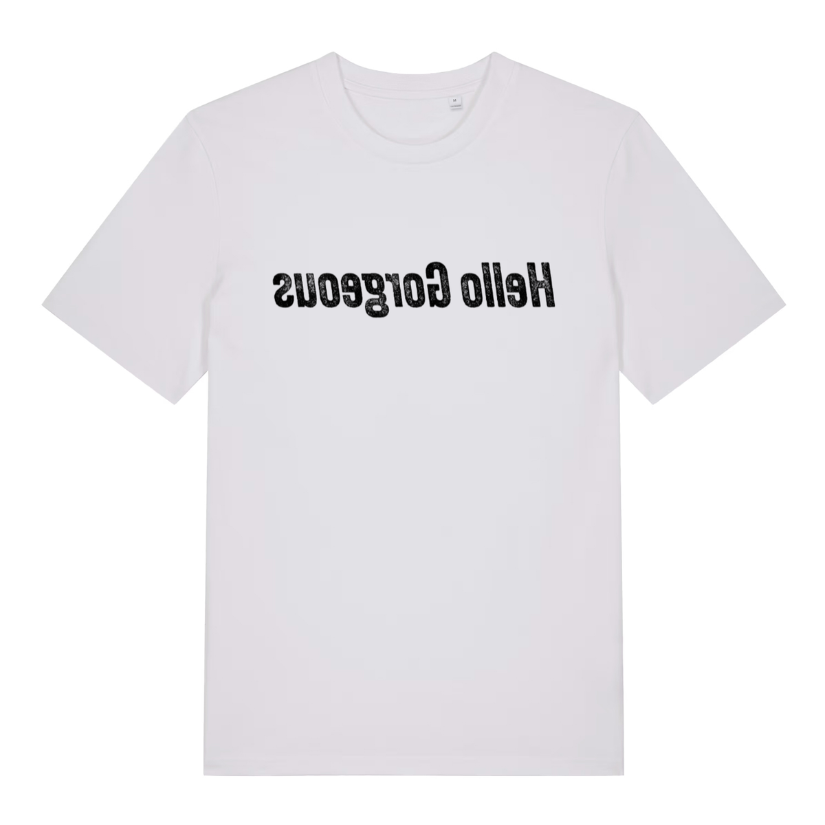 White women's Hello Gorgeous mirror T-shirt flat lay with backwards mirror "Hello Gorgeous" slogan