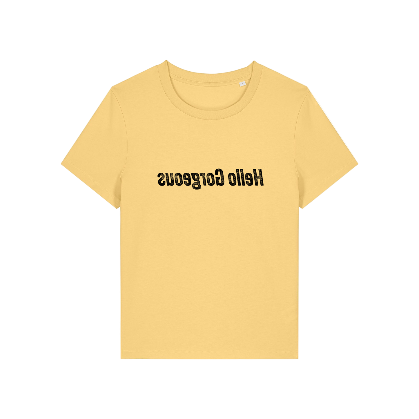 yellow slogan t-shirt with the slogan 'hello gorgeous' written in mirror image