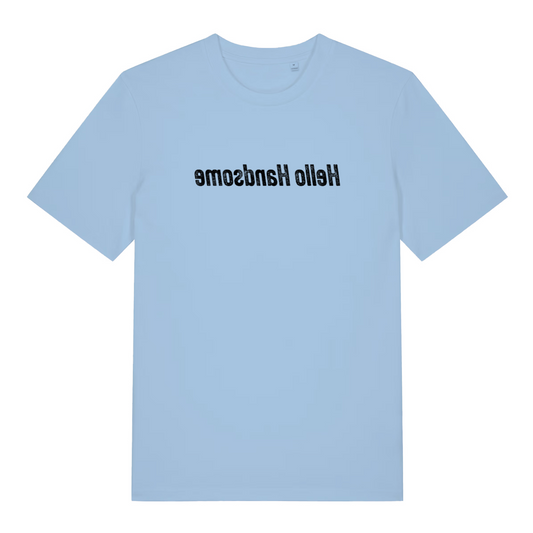 light blue slogan t-shirt with the text 'hello handsome'