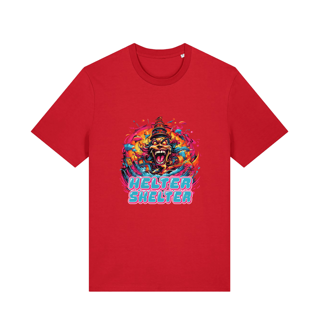 red music t-shirt with the colourful graphic of a scary looking clown and the slogan 'helter skelter'