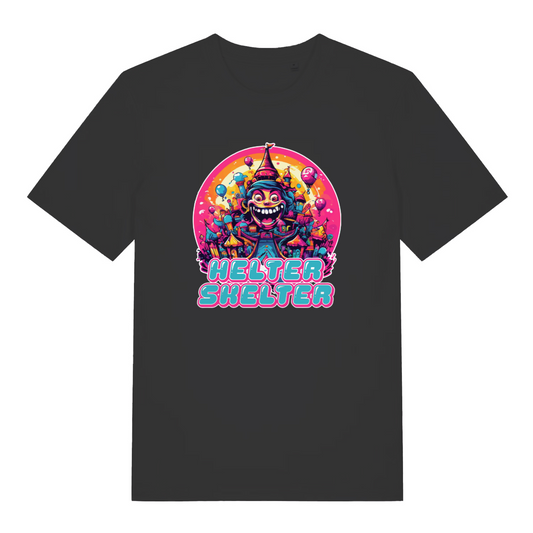 black music t-shirt with the colourful graphic of a carnival figure and the slogan 'helter skelter'